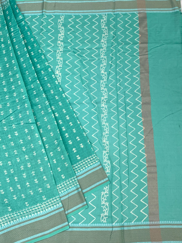 Elegant Sea Green Cotton Saree with Geometric Weave