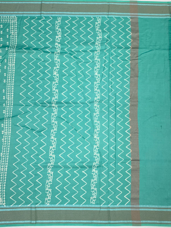 Elegant Sea Green Cotton Saree with Geometric Weave