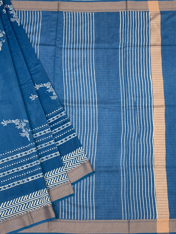Classic Indigo Blue Cotton Saree with Chevron Border
