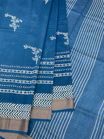 Classic Indigo Blue Cotton Saree with Chevron Border