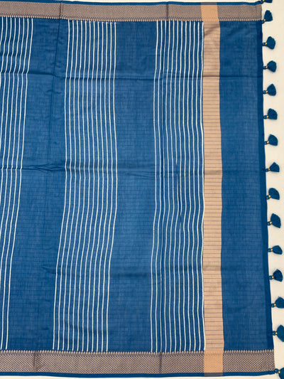 Classic Indigo Blue Cotton Saree with Chevron Border