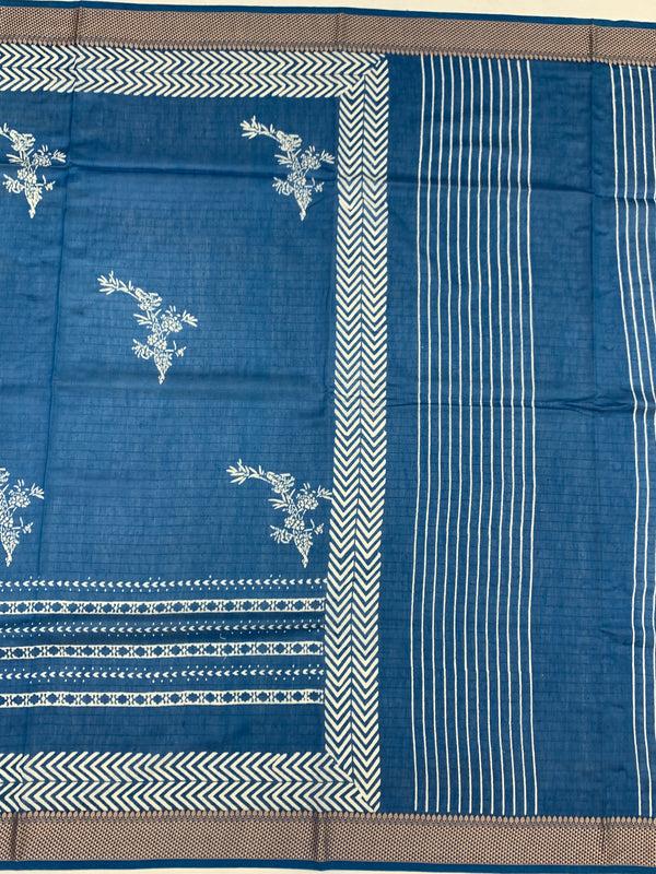 Classic Indigo Blue Cotton Saree with Chevron Border