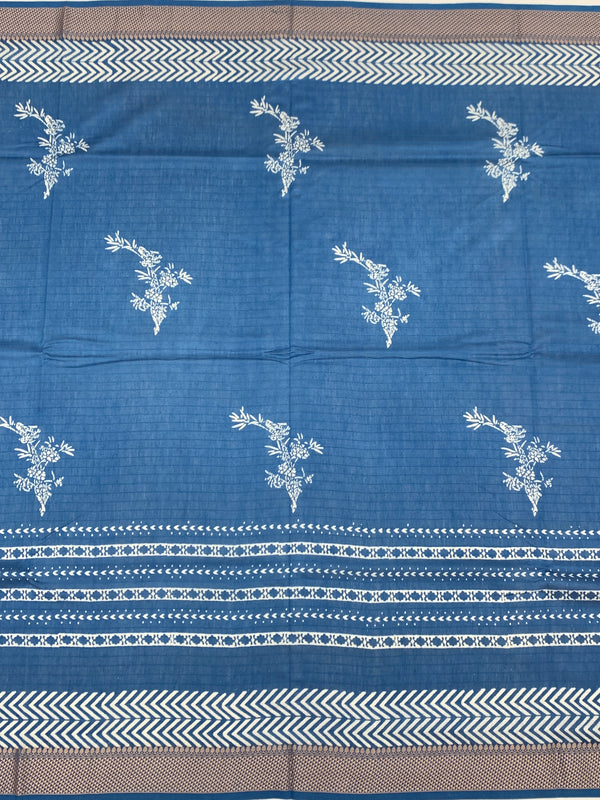Classic Indigo Blue Cotton Saree with Chevron Border