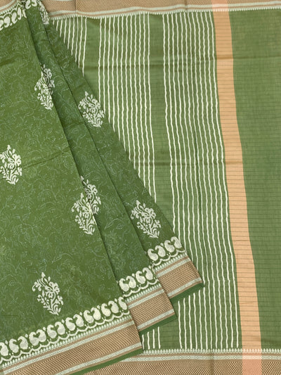 Olive Green Floral Printed Cotton Saree