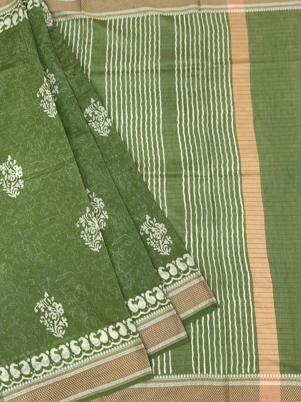 Olive Green Floral Printed Cotton Saree