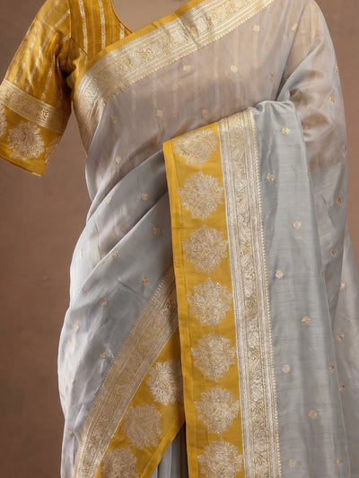 Exquisite Silver-Grey Banarasi Tissue Saree with Mustard Zari Border