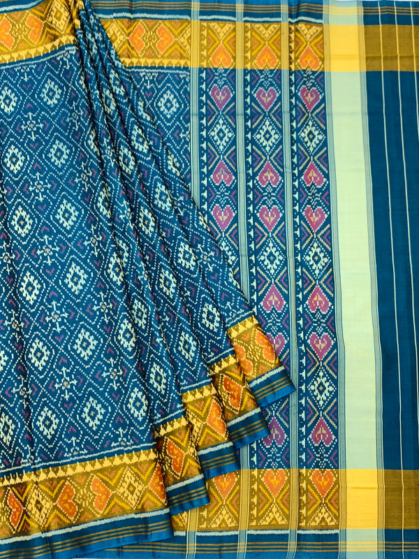 Peacock Teal Blue & Mustard Rajkot Patola Silk Saree
