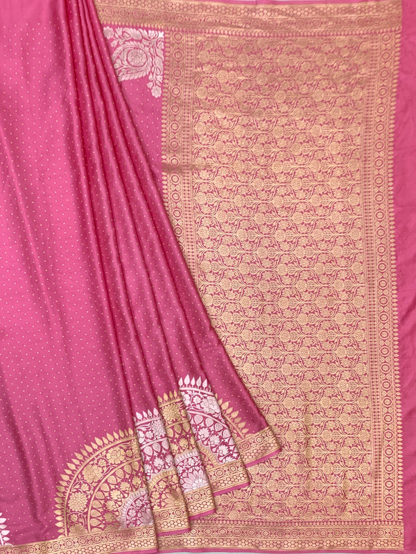 Rose Pink Mashru Silk Saree with Zari Polka Dots & Floral Pallu