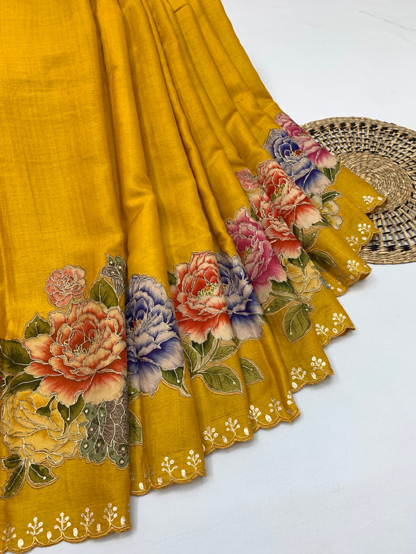 Exquisite Mustard Yellow Tussar Applique Work Saree