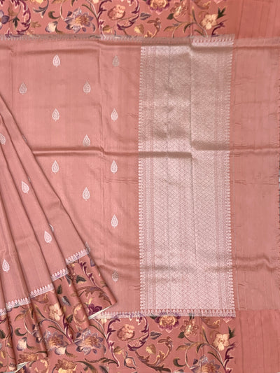 Elegant Dusty Rose Tussore Saree with Floral Printed Border