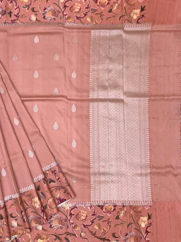 Elegant Dusty Rose Tussore Saree with Floral Printed Border