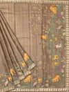 Brick Red Tussore Silk Saree with Kalamkari Peacock Mandala & Mirror Embroidery
