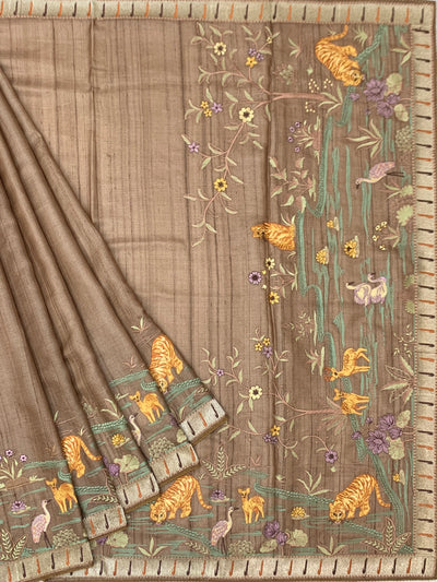 Brick Red Tussore Silk Saree with Kalamkari Peacock Mandala & Mirror Embroidery
