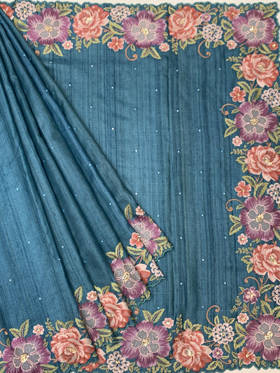 Elegant Sea-Green Tussore Silk Saree with Scalloped Floral Embroidery