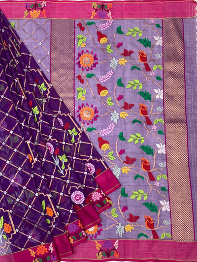 Exquisite Deep Purple Zari Kota Saree with Meenakari-Inspired Motifs