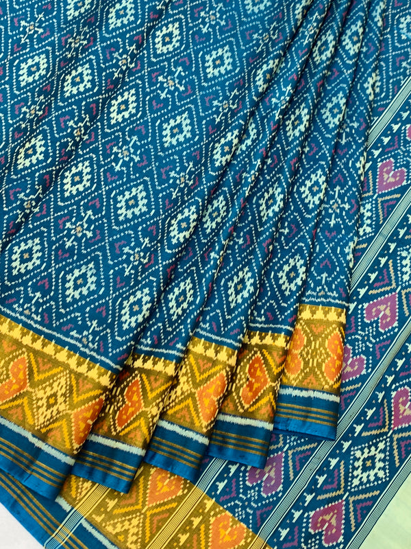 Peacock Teal Blue & Mustard Rajkot Patola Silk Saree