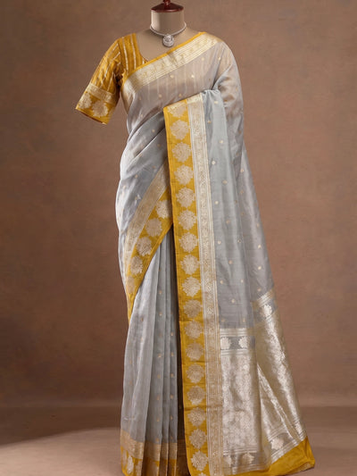 Exquisite Silver-Grey Banarasi Tissue Saree with Mustard Zari Border