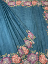 Elegant Sea-Green Tussore Silk Saree with Scalloped Floral Embroidery