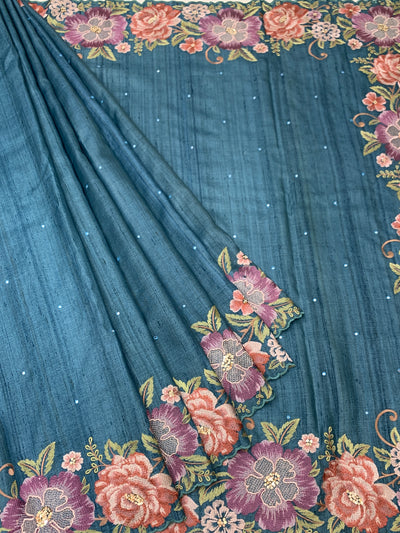 Elegant Sea-Green Tussore Silk Saree with Scalloped Floral Embroidery