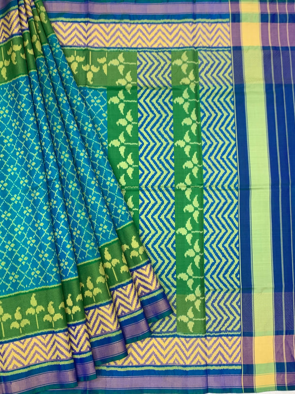 Teal Blue & Vibrant Green Rajkot Patola Silk Saree