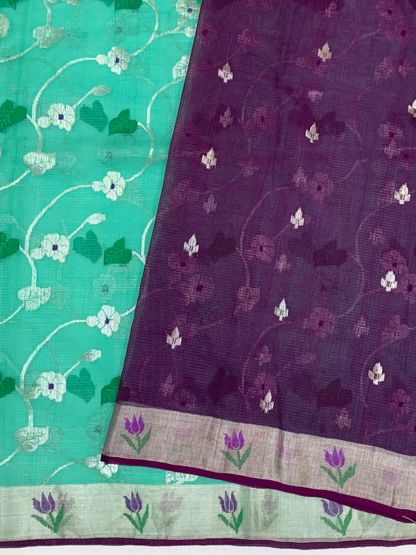 Zari Kota Saree Sea-Green In Color