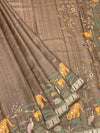 Brick Red Tussore Silk Saree with Kalamkari Peacock Mandala & Mirror Embroidery