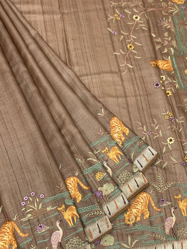 Brick Red Tussore Silk Saree with Kalamkari Peacock Mandala & Mirror Embroidery