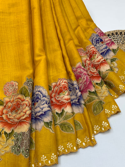 Exquisite Mustard Yellow Tussar Applique Work Saree