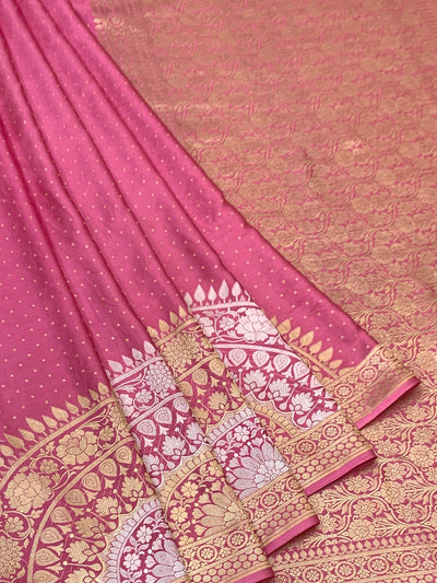 Rose Pink Mashru Silk Saree with Zari Polka Dots & Floral Pallu