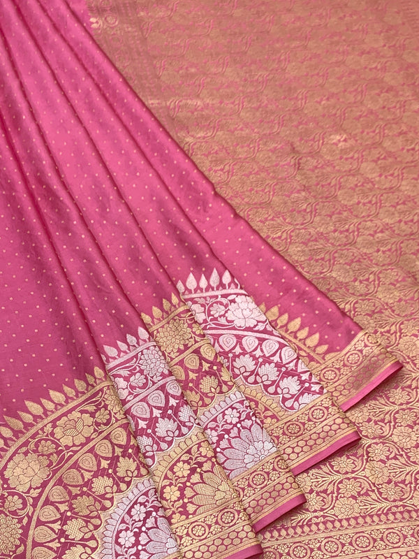 Rose Pink Mashru Silk Saree with Zari Polka Dots & Floral Pallu