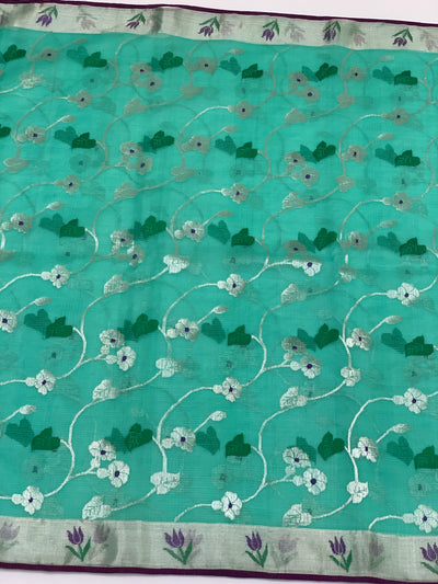 Zari Kota Saree Sea-Green In Color