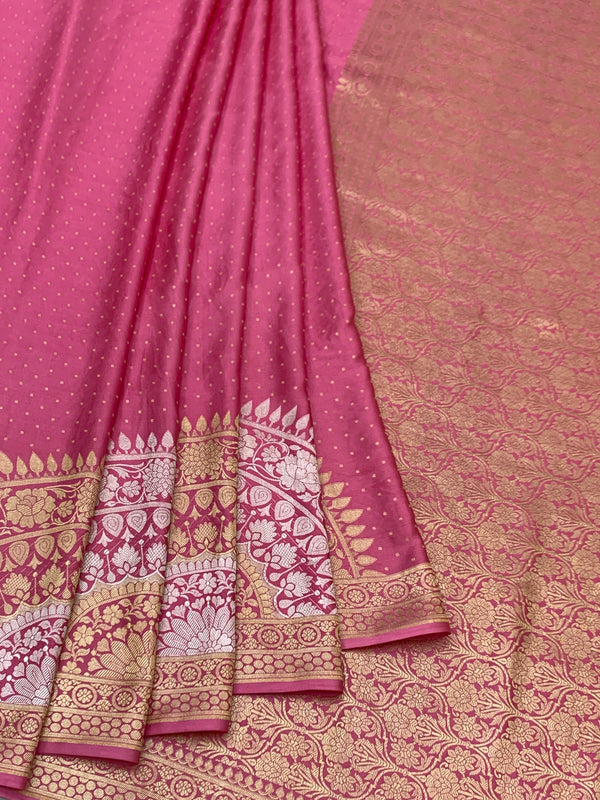 Rose Pink Mashru Silk Saree with Zari Polka Dots & Floral Pallu