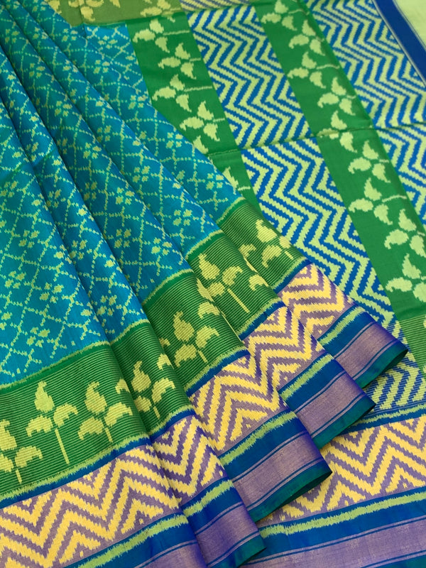 Teal Blue & Vibrant Green Rajkot Patola Silk Saree