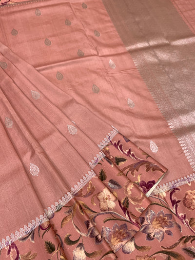 Elegant Dusty Rose Tussore Saree with Floral Printed Border