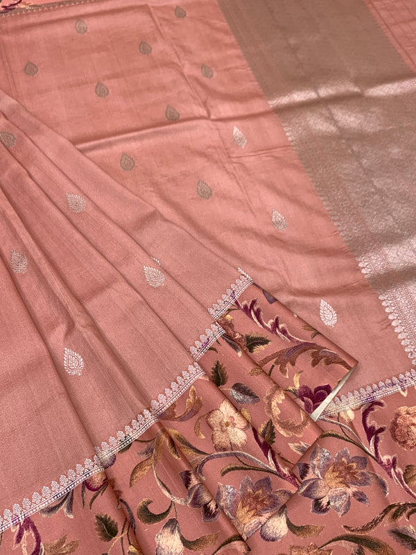 Elegant Dusty Rose Tussore Saree with Floral Printed Border