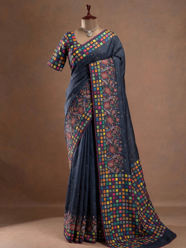 Midnight Blue Tussar Saree with Multicolored Mosaic & Floral Embroidery