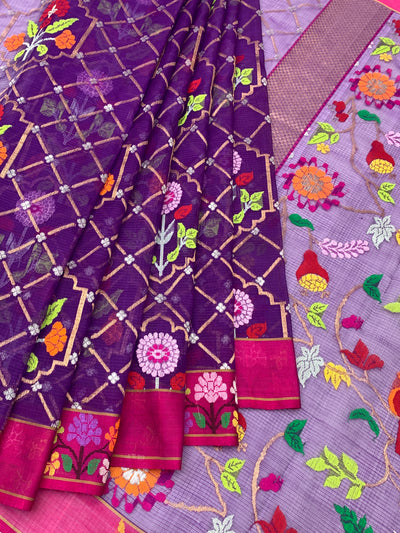 Exquisite Deep Purple Zari Kota Saree with Meenakari-Inspired Motifs
