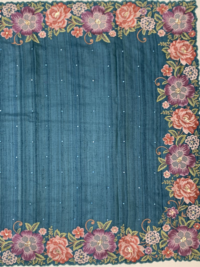 Elegant Sea-Green Tussore Silk Saree with Scalloped Floral Embroidery