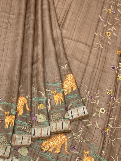 Brick Red Tussore Silk Saree with Kalamkari Peacock Mandala & Mirror Embroidery