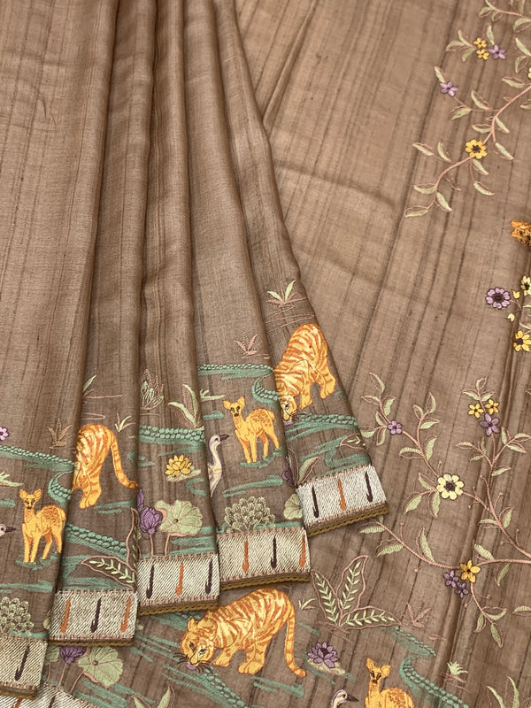 Brick Red Tussore Silk Saree with Kalamkari Peacock Mandala & Mirror Embroidery