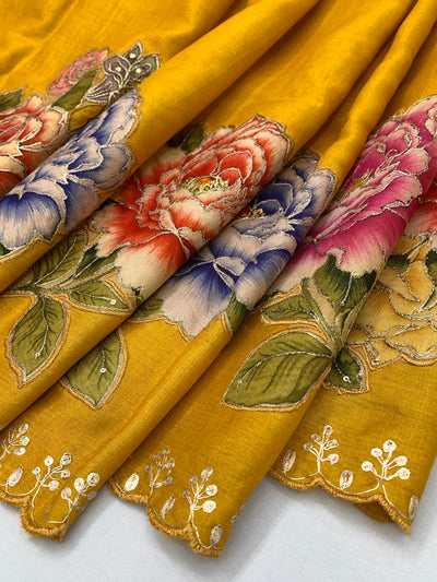 Exquisite Mustard Yellow Tussar Applique Work Saree