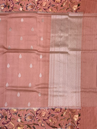 Elegant Dusty Rose Tussore Saree with Floral Printed Border