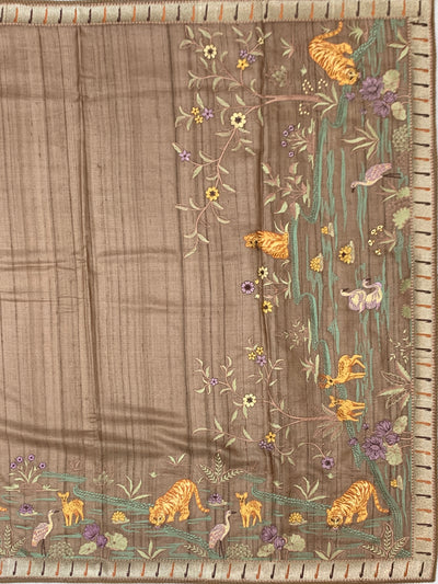 Brick Red Tussore Silk Saree with Kalamkari Peacock Mandala & Mirror Embroidery