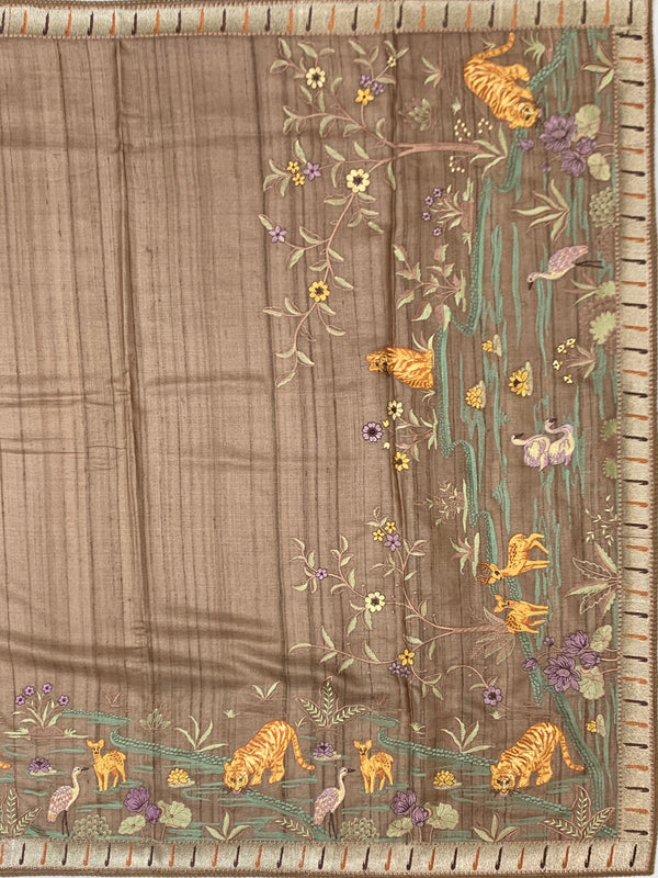 Brick Red Tussore Silk Saree with Kalamkari Peacock Mandala & Mirror Embroidery