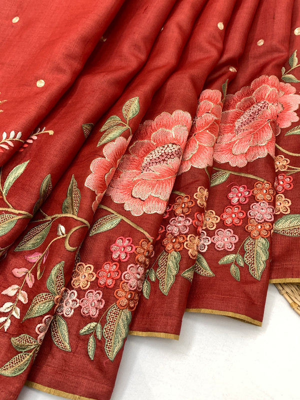 Radiant Red Tussore Saree with Aari Work