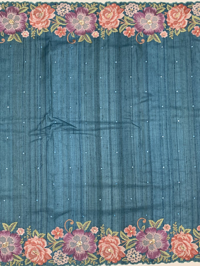 Elegant Sea-Green Tussore Silk Saree with Scalloped Floral Embroidery