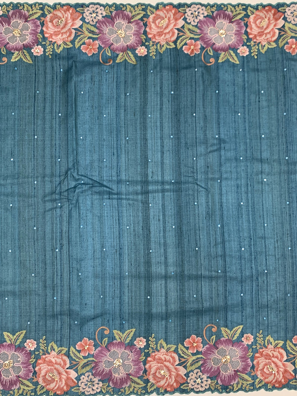 Elegant Sea-Green Tussore Silk Saree with Scalloped Floral Embroidery
