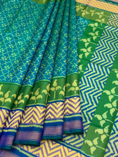 Teal Blue & Vibrant Green Rajkot Patola Silk Saree