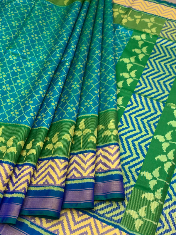 Teal Blue & Vibrant Green Rajkot Patola Silk Saree