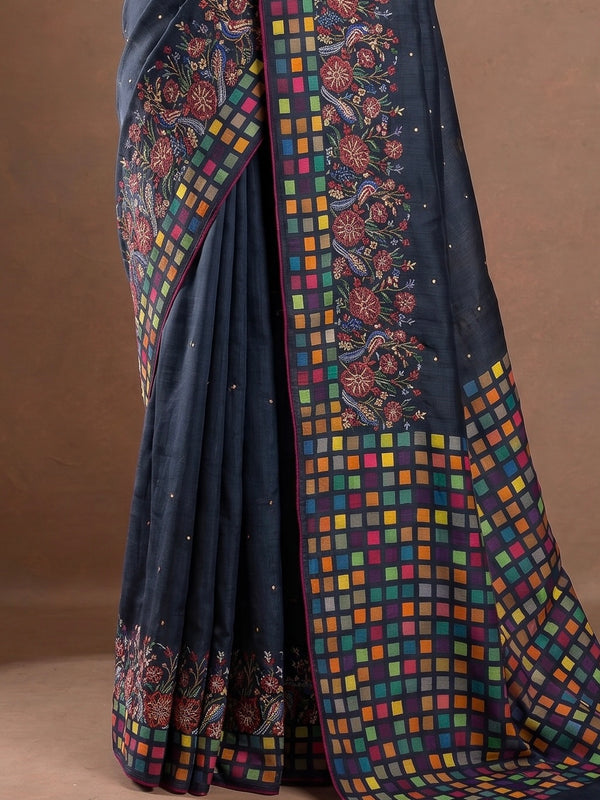 Midnight Blue Tussar Saree with Multicolored Mosaic & Floral Embroidery
